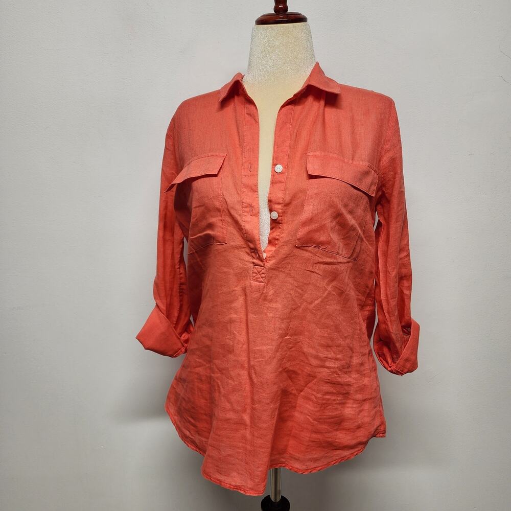 Old Navy Womens Button Up Linen Blend Boyfriend Shirt Size M Roll Tab Sleeve